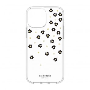 Kate Spade New York Protective Hardshell Case for iPhone 13 Pro Max - Scattered Flowers Black/White/Gold Gems/Clear/White Bumper