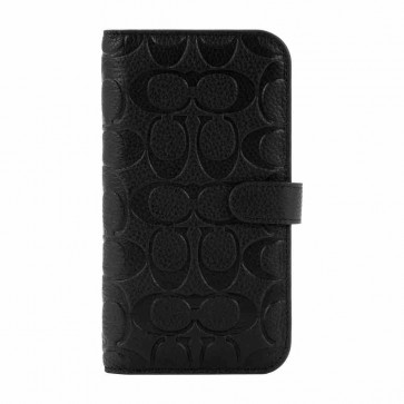 Coach Leather Folio Case for iPhone 14 Plus - Black Emboss Signature C Pebbled Leather