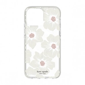 Kate Spade New York Defensive Hardshell Case for MagSafe for iPhone 13 mini - Hollyhock Floral Clear/Cream with Stones/Cream Bumper