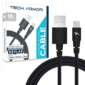 Tech Armor Kevlar lined 8 pin Lightning USB cable, 2 ft, braided, black