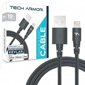 Tech Armor Kevlar lined 8 pin Lightning USB cable, 2 ft, braided, space grey