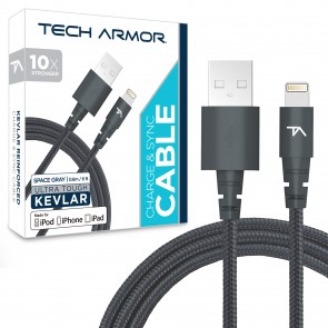 Tech Armor Kevlar lined 8 pin Lightning USB cable, 6 ft, braided, space grey